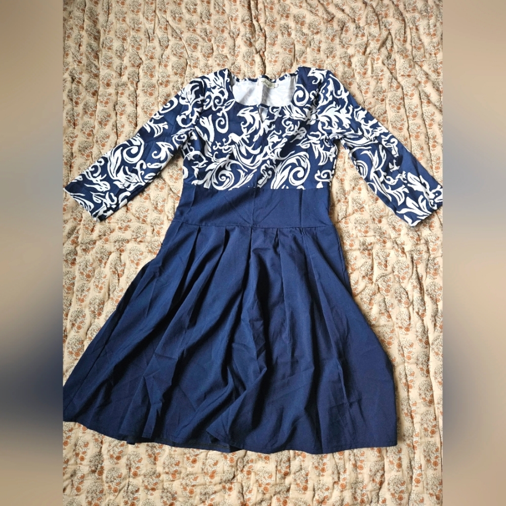 Navy and White Patterned Dress